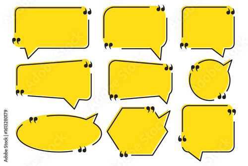 Quote text in speech bubble. Quote bubble testimonial banners. Quote box frames. Chatting, comment, remark, info windows shape