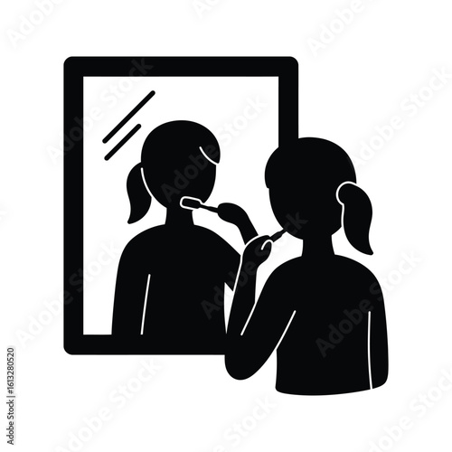 Girl brushing teeth in mirror oral hygiene dental care child morning routine bathroom reflection vector illustration black silhouette