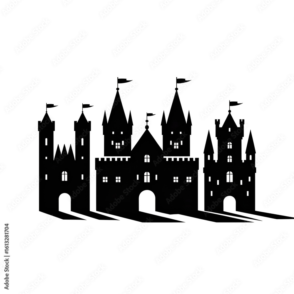 Obraz premium Mysterious White Line Art Castle Silhouette at Night: Fairytale, Gothic, Medieval Architecture