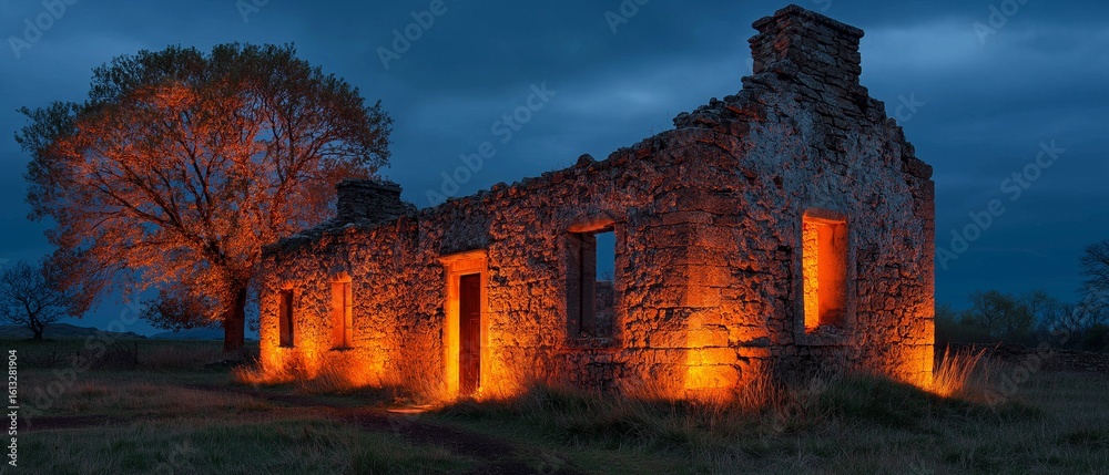Fototapeta premium Spectral flames illuminate a ruined stone building.