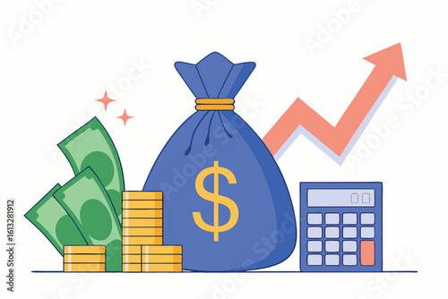 A blue bag, money, coins, calculator, and an upwards trending arrow are visible