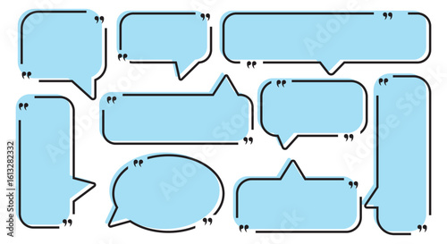 Quote box frame, big set. Quote text in speech bubble. Quote box icon. Blank template quote text info design boxes quotation bubble blog quotes symbols.