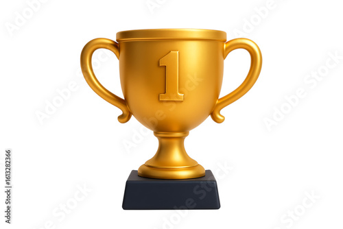 3d rendered Golden first place trophy cup with number one emblem isolated on transparent background