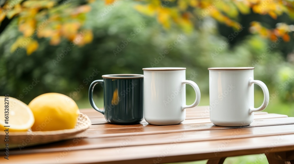 Tea Time Still Life Mugs and Lemons on Wooden Table, beverage, lifestyle Tea Time Still Life Mugs and Lemons on Wooden Table, beverage, lifestyle