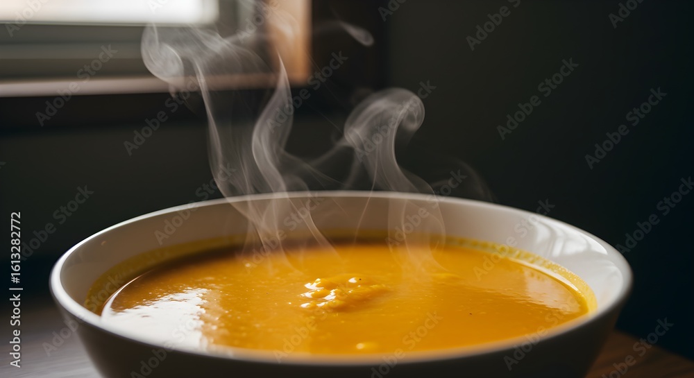 Steaming bowl of orange soup Steaming bowl of orange soup