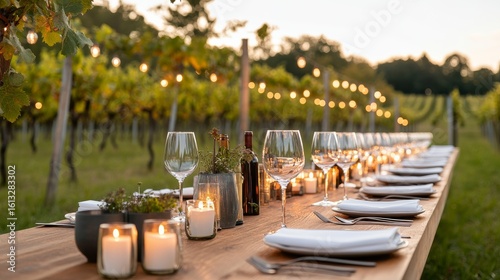 Vineyard Dinner Candles, Wine Glasses and Table Setting, wine , party