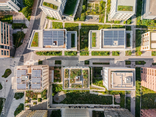 Aerial view of rooftops adorned with solar panels and lush greenery, a harmonious blend of technology and nature, Village des AthlÃ¨tes Olympiques, ÃŽle-de-France, France.