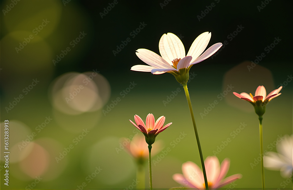 Naklejka premium delicate bouquet pink white flowers sways gently soft focus field warm sunlight illuminated gentle shadows