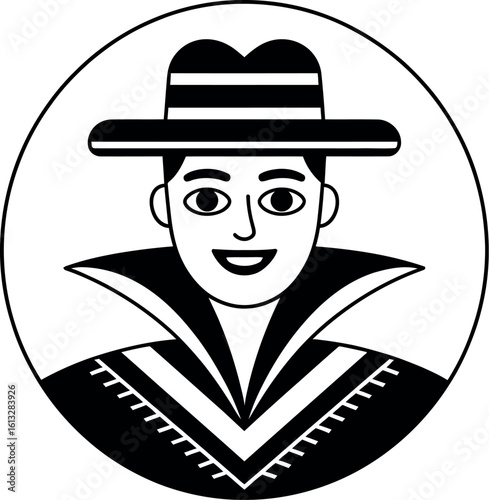 Illustration of a man with a hat and poncho inside a circle in black and white design style