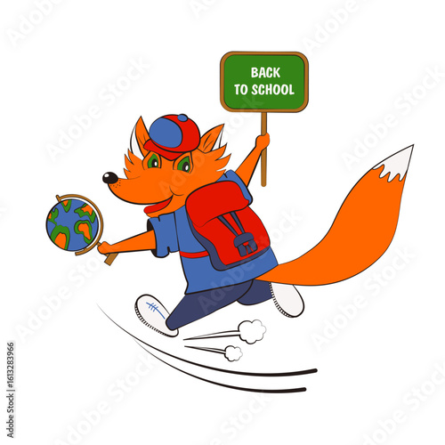 Happy cartoon-style fox boy running fast with school globe in one hand and Back to School sign in the other. Wearing cap and backpack. Bright flat vector illustration full of energy and fun.