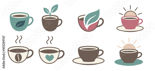 Coffee cups with various designs, including leaves, hearts, steam, and sun.