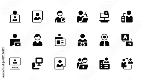 Collection of Business and Communication Icons Representing Teamwork Networking and Online Meetings Isolated on White Background