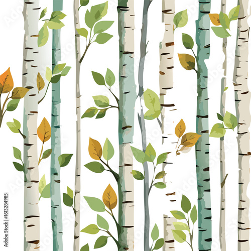  Birch trees with branches, watercolor seamless pattern. Forest illustration of stems on white background, nature template