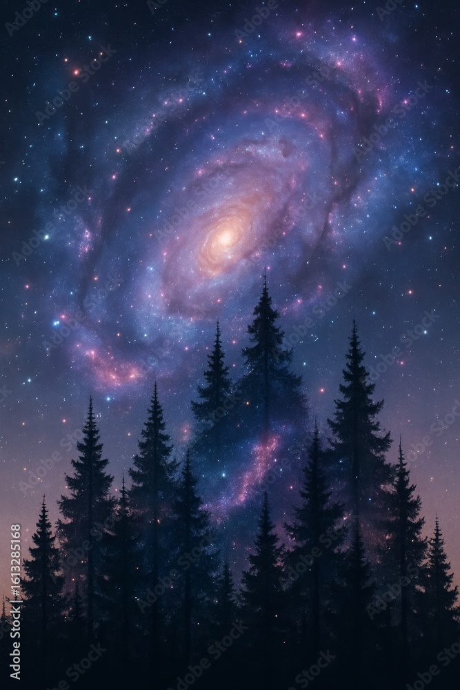 Naklejka premium Surreal forest silhouette blending into a vibrant starry galaxy sky, creating a magical and dreamy nightscape.