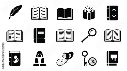 Collection of educational icons representing literature reading and learning concepts illustration of writing equipment for publishing and storytelling