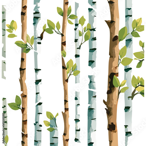  Birch trees with branches, watercolor seamless pattern. Forest illustration of stems on white background, nature template