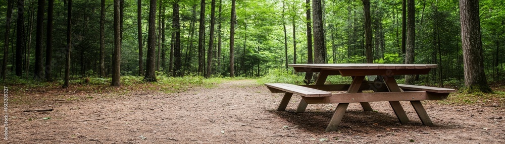 Wooden Picnic Table in Lush Green Forest, Serene Scene ,Forest, Picnic Wooden Picnic Table in Lush Green Forest, Serene Scene ,Forest, Picnic