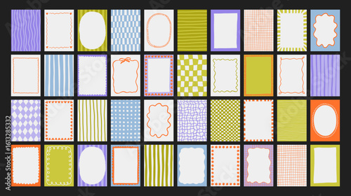 A trendy collection of vector frames and backgrounds with hand-drawn borders, abstract wavy lines retro-inspired patterns. Frames in playful colors. For invitations, posters, social media templates