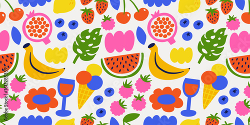 A playful seamless summer pattern with hand-drawn fruit and tropical elements. For summer packaging, textile design, wrapping paper, digital backgrounds, or kids' products. 