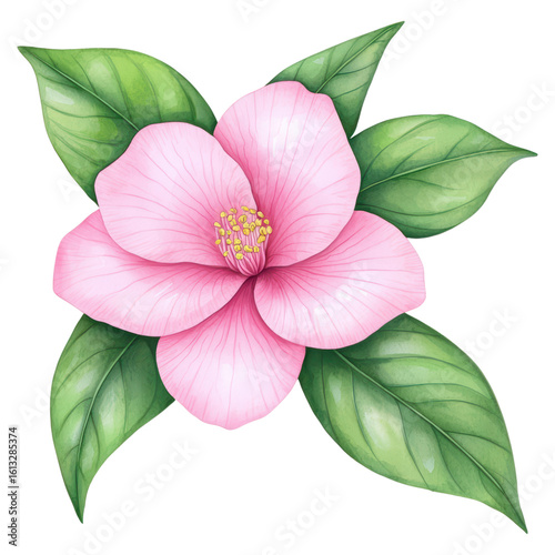 Beautiful Pink Flower with Green Leaves for Nature Lovers, isolated on transparent background.