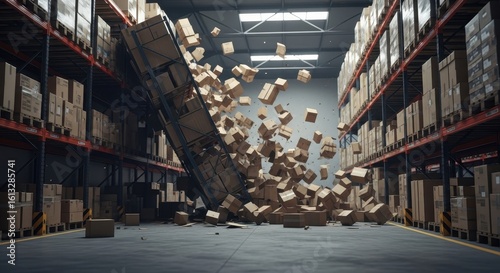 A catastrophic warehouse accident showing a storage rack collapsing and boxes falling down.