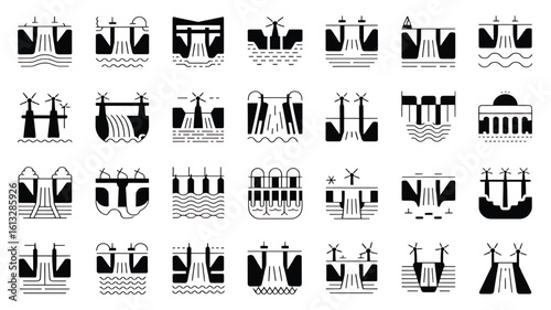 Diverse Collection of Hydroelectric Power Plant Icons Representing Sustainable Energy and Renewable Resources in Black and White