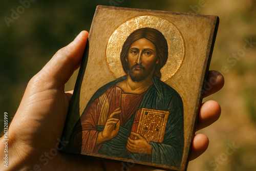Hand holding orthodox christian icon depicting jesus christ with golden halo in natural outdoor light