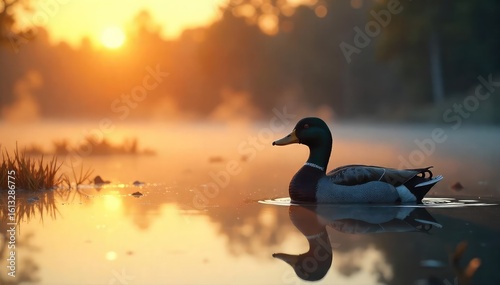A lone duck decoy sits serenely in a misty marsh at sunrise, reflecting the golden light The tranquil scene evokes the quiet anticipation of the hunt , bird hunting, shotgun