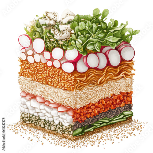 Colorful Layered Salad with Fresh Vegetables and Noodles in a Vibrant Presentation on transparent background