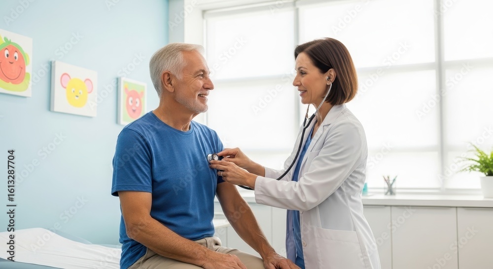 Fototapeta premium Friendly female doctor uses a stethoscope to examine a smiling senior man during a routine check-up