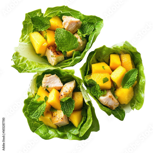 Fresh Chicken and Mango Lettuce Wraps with Mint - Healthy, Colorful Appetizer for Light Meals or Snacks on transparent background