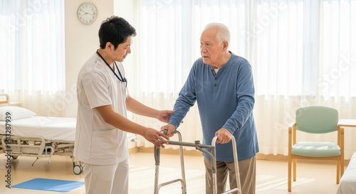 Nurse Assisting Elderly Man with Walker in Bright, Safe Room, Providing Support and Care