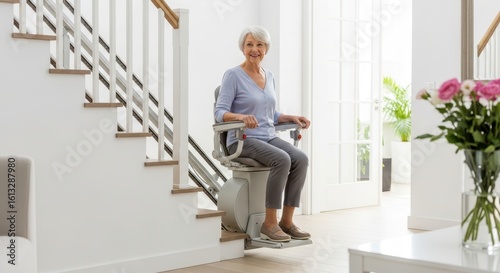Cheerful senior woman using a modern stairlift at home for mobility and independence