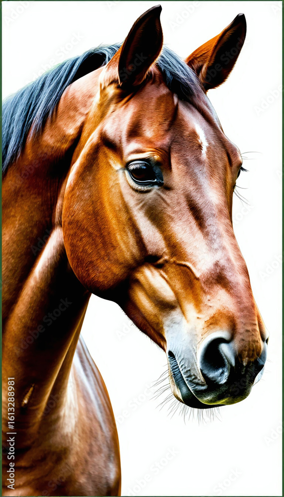 Obraz premium Close-up head of a brown horse on a white background, vertical format