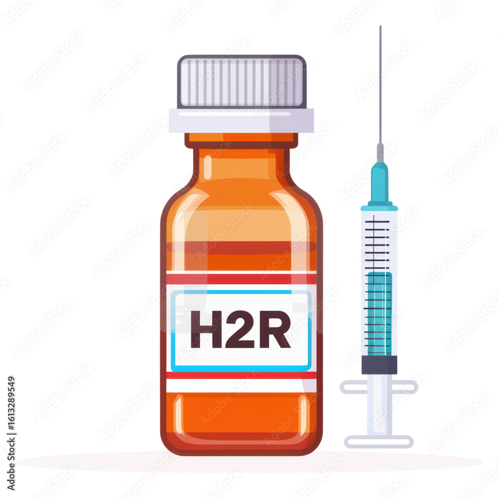 Obraz premium Orange Vaccine Bottle and Syringe with H2R Label Design, isolated on transparent background.