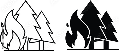 Wildfire Icons. Black and White Vector Icons. Bonfire and Trees. Danger to Nature. Ecological Problem. Climate Change Concept.