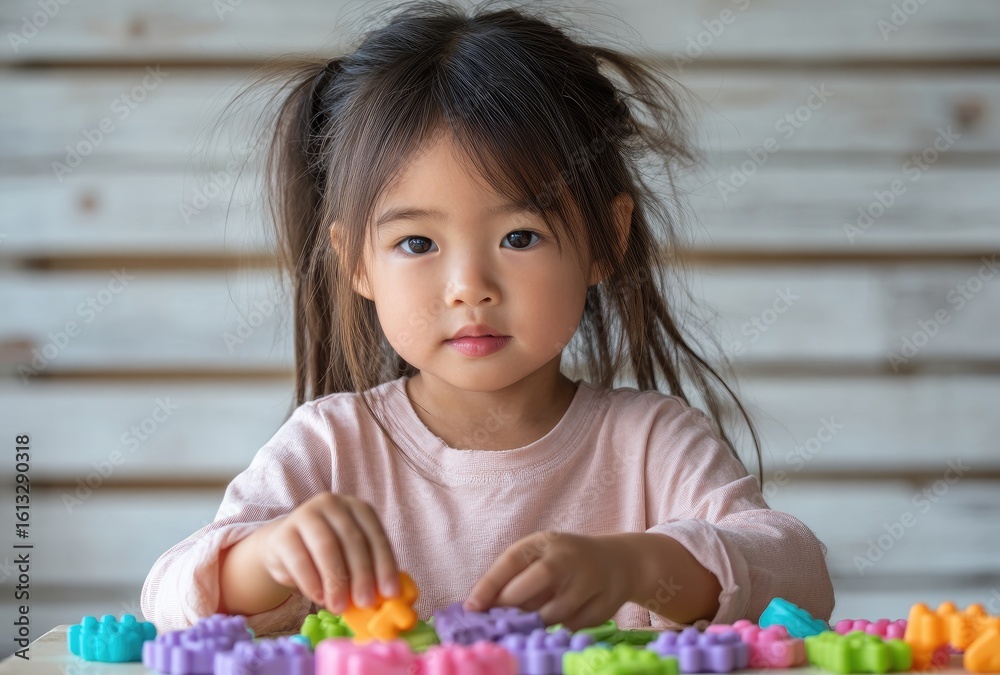 A young Asian girl is sitting at the table, playing with colorful plastic letters and numbers, wearing pink A young Asian girl is sitting at the table, playing with colorful plastic letters and numbers, wearing pink
