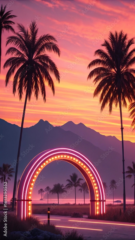 Naklejka premium Retro neon archway on a tropical beach at sunset with palm trees