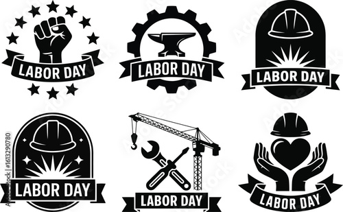 Labor day badge silhouette vector with anvil and gear, perfect for industry, worker, and holiday celebration design