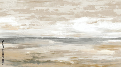 Soft abstract landscape painting with horizontal brush strokes in beige, white, and gray tones creating calm and subtle atmosphere with natural texture effect