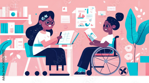 Inclusive Workplace: A creative, colorful Illustration of two female colleagues working together at the office