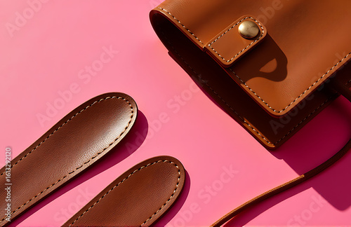 intricately detailed brown leather accessories laid artfully vibrant pink background warm natural light