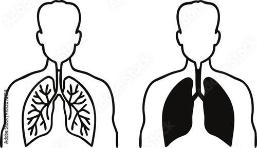 Lungs Icons. Black and White Vector Illustrations. Lungs Inside a Human. Body Part, Internal Organ. Anatomy, Medicine. Lung Disease Concept