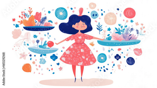 Dreamy Dance: A Child's Floral Reverie, whimsical piece suitable for invitation or children's book illustration.