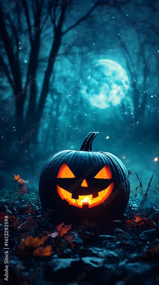 Fototapeta premium Spooky jack o lantern glows in dark forest under full moon on halloween night