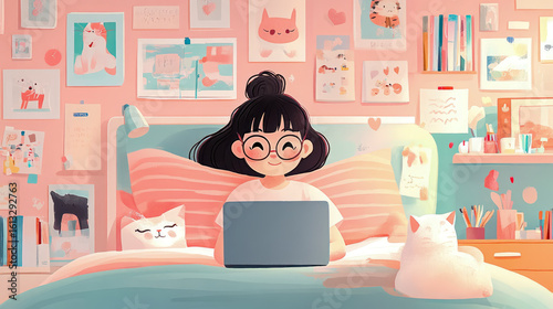 Cozy study time. Purpose: illustration, print, or digital art. A student in bed, working on a laptop with two white cats.