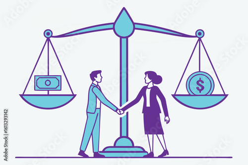 Caucasian business man and woman shake hands before a balanced scale drawing