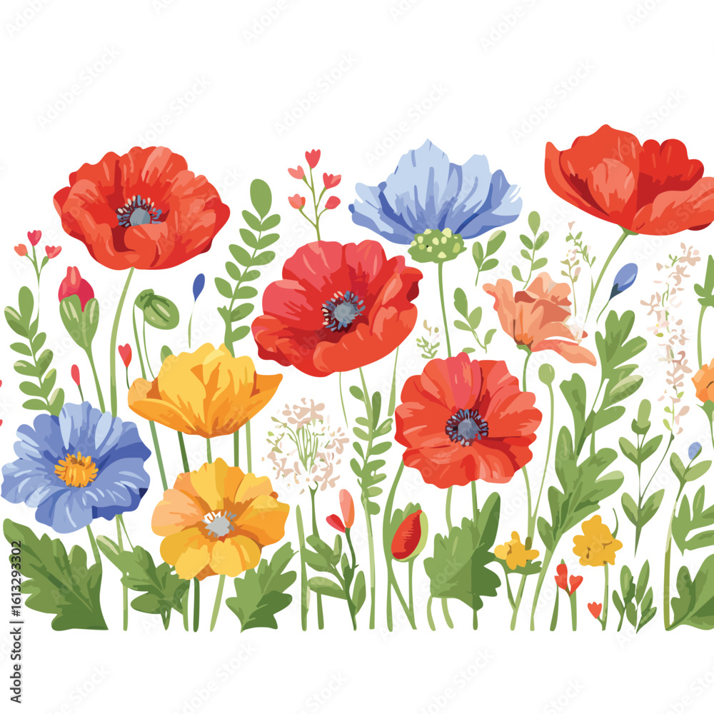 Fototapeta premium Hand drawn wildflowers and poppies. Decorative vector set