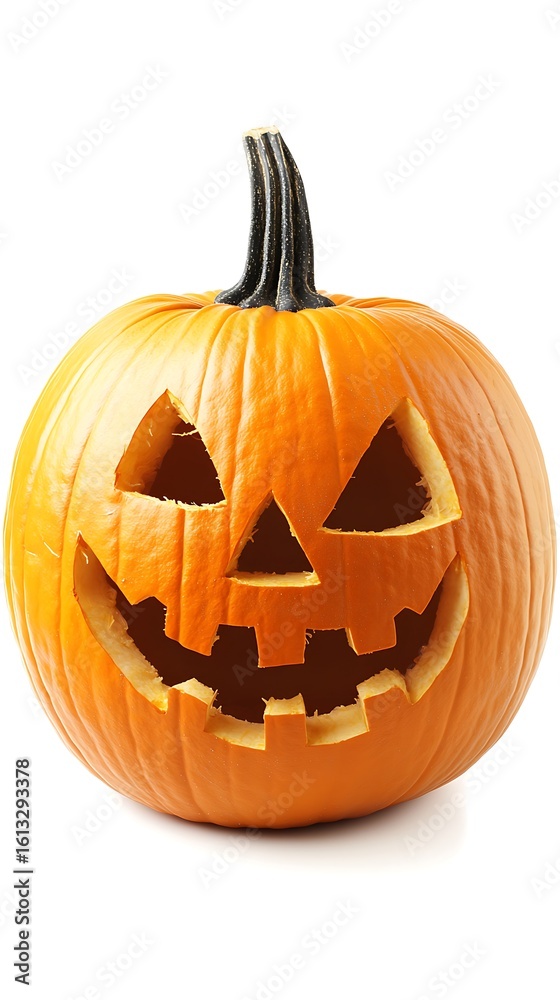 Fototapeta premium A classic carved halloween jack o lantern with a spooky face on a white background
