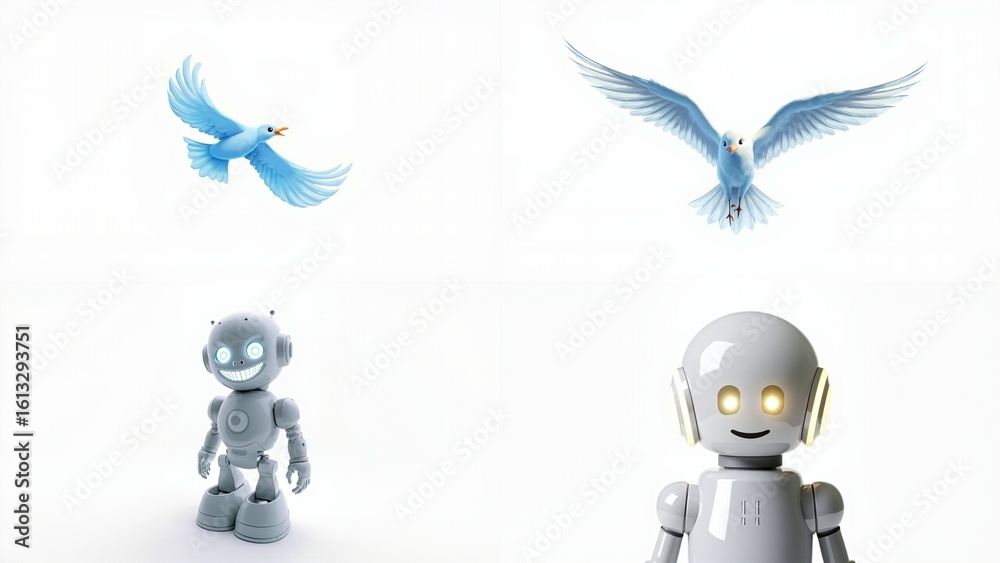 Fototapeta premium A robot, bird and robot background scene composition style layers elements design colorful depth gesture cartoonish expression emotion creative figure backgrounds motion illustration